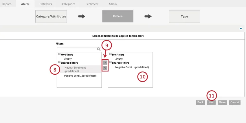 choosing the filters for the alert