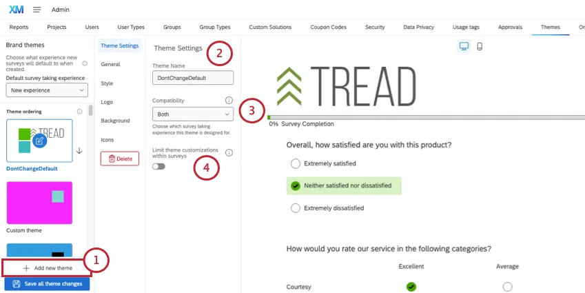 creating a new theme. a menu opens in the middle where you select different options for each type of change you plan to make