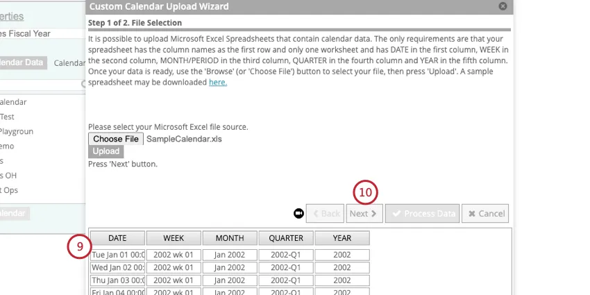 previewing the calendar data
