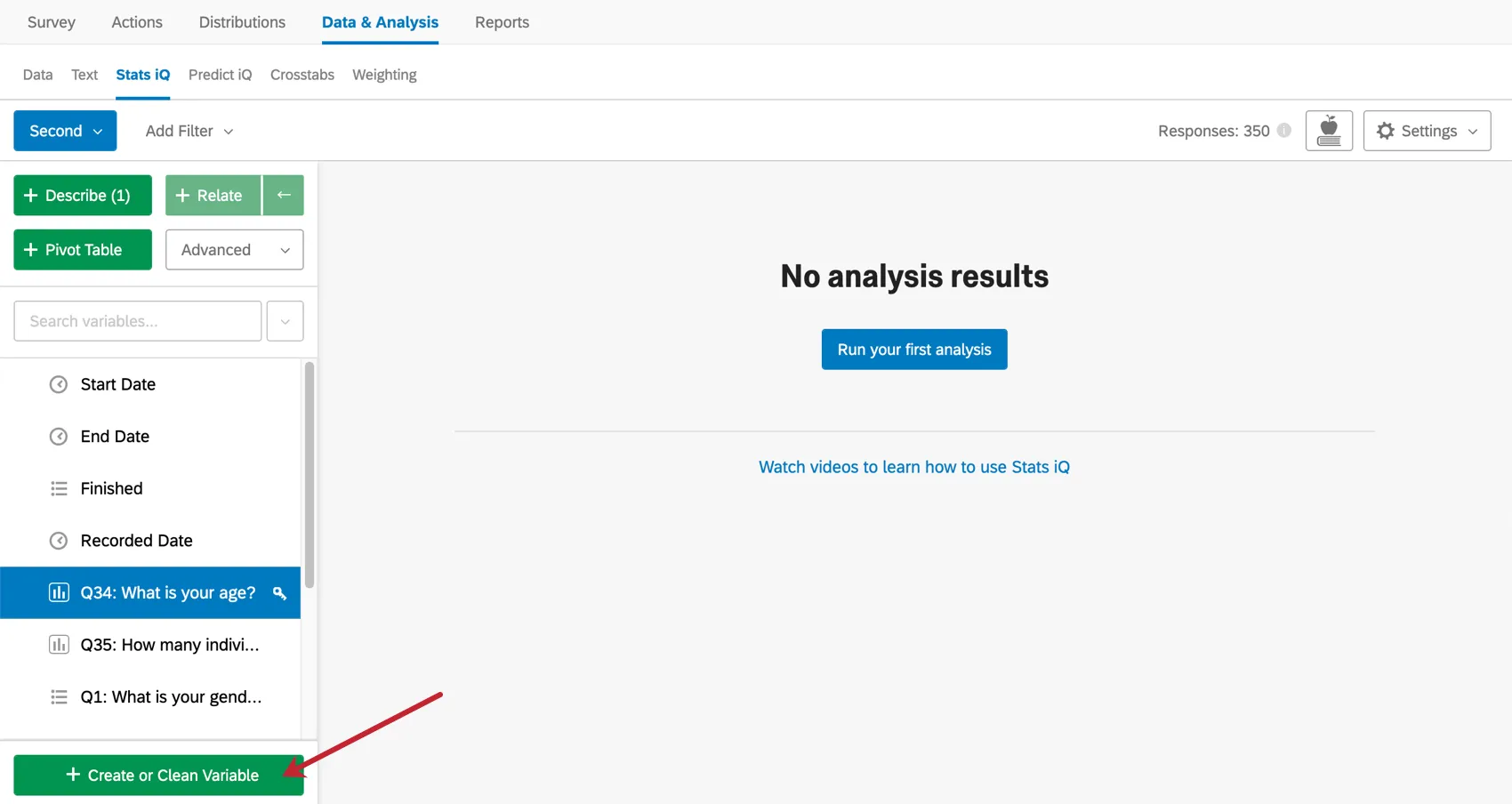 Bouton "Créer une variable" dans lespace de travail