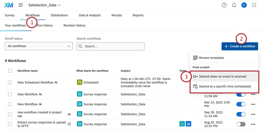 in the workflows tab, clicking create a workflow and choosing the type of workflow
