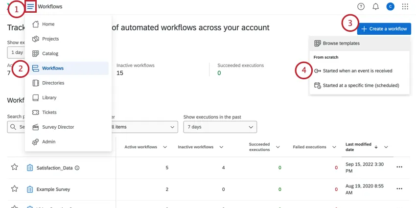 on the global workflows page, clicking create a workflow and started by an event
