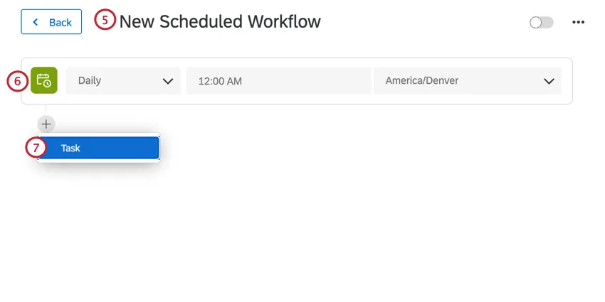 creating the workflow schedule, renaming the workflow, and adding a task