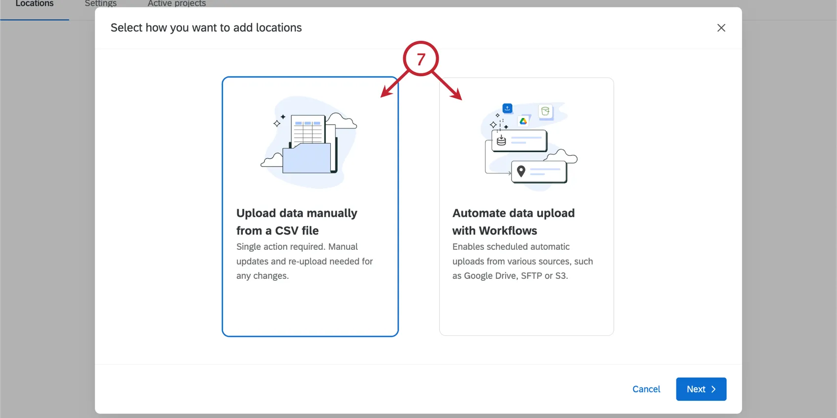 auswahl einer Möglichkeit zum Hochladen von Locations