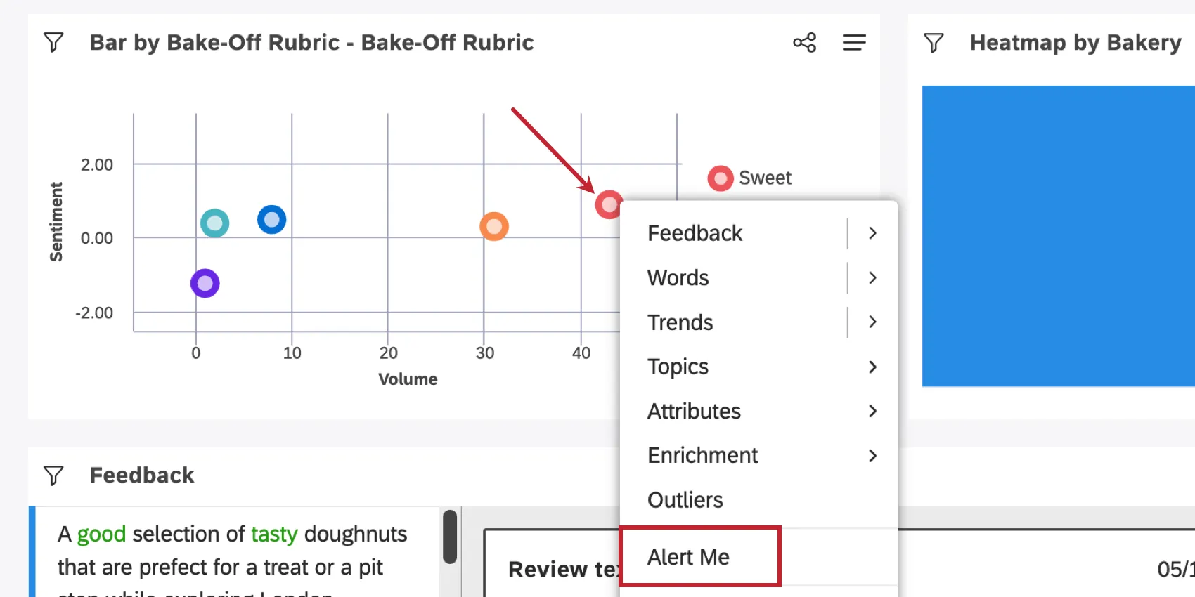clicking a dot on a scatter plot and seeing the drilling menu, which includes an alert me option