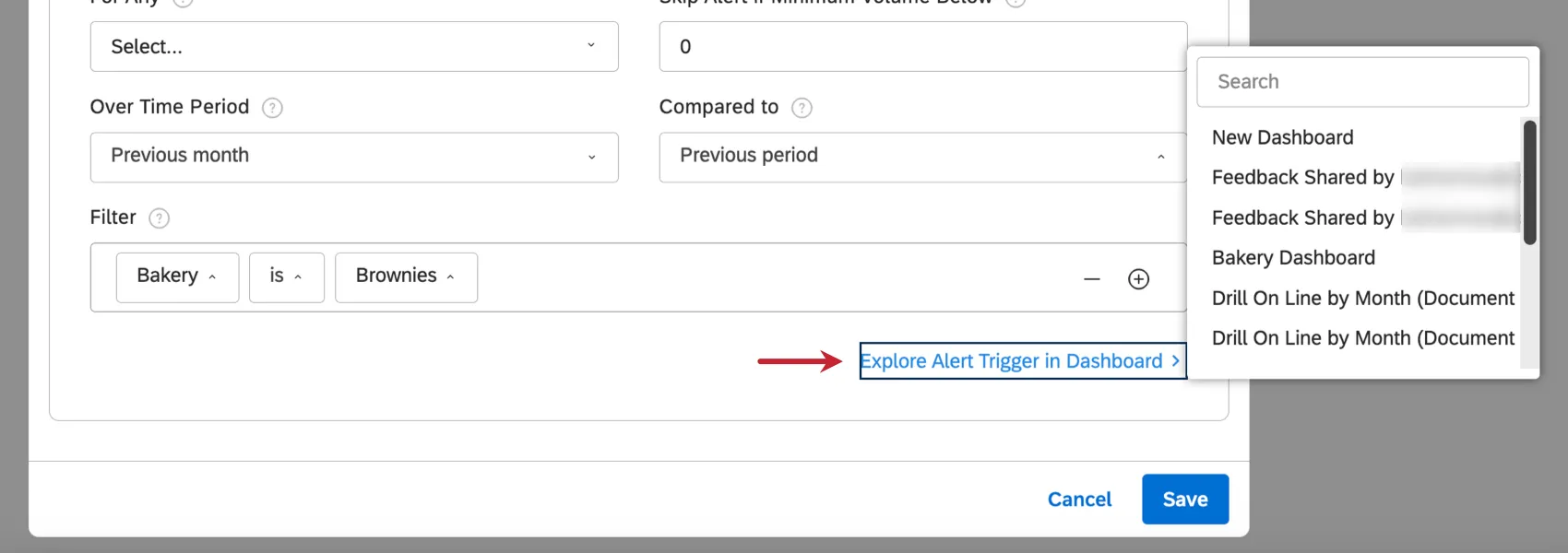 showing explore alert trigger in dashboard button