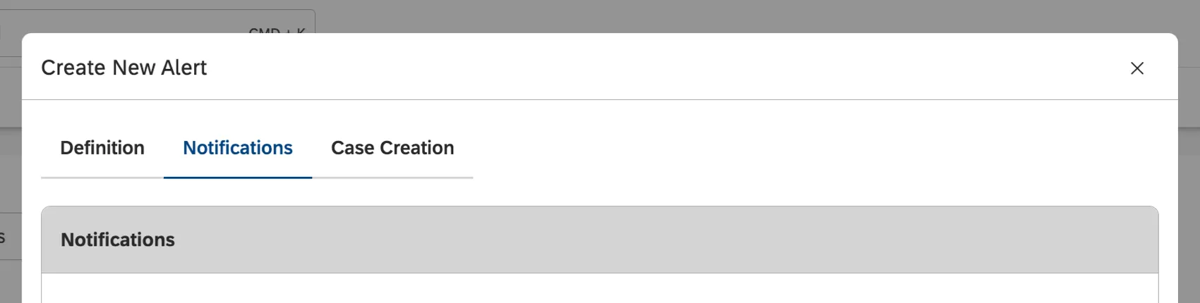 Guia Notificações da nova janela criar novo alerta