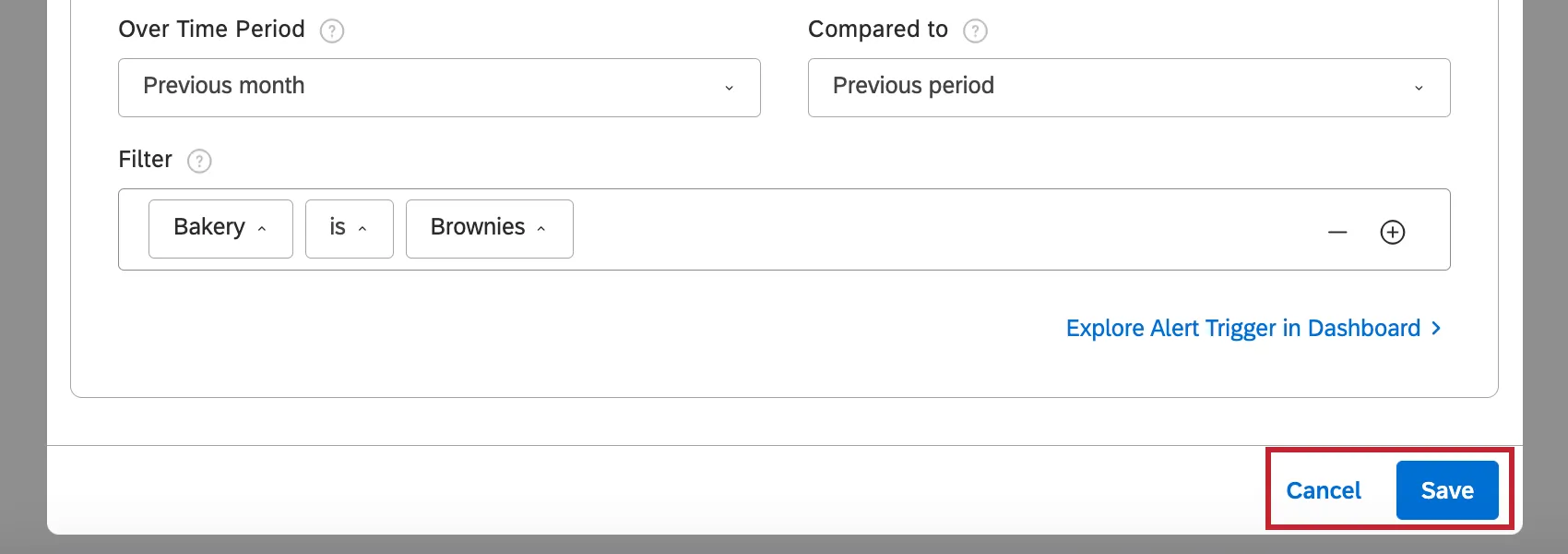 bottom of new alert window where you can find the save and cancel buttons