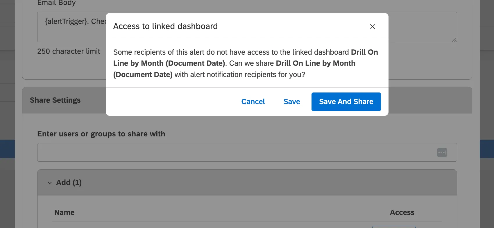 nuova finestra denominata accesso al dashboard collegato - alcuni dei destinatari di questo avviso non hanno accesso al dashboard collegato a questo avviso. possiamo condividere questo dashboard con i destinatari della notifica dellavviso?