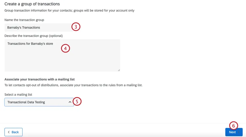 inserir os detalhes do grupo de transação