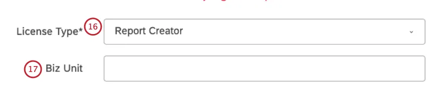 license type and biz unit fields