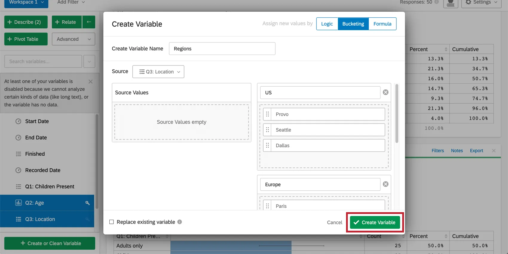 Botón Crear variable en verde en la parte inferior derecha