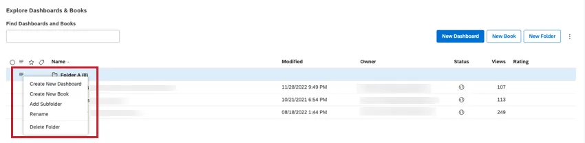Once a folder is created, you can expand the actions menu next to it and perform several actions