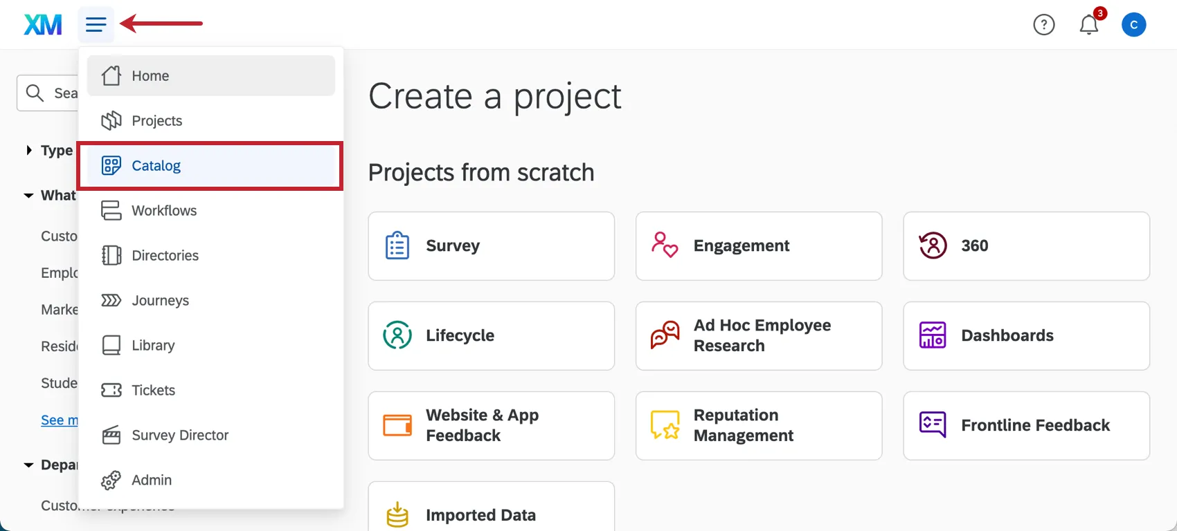 Global navigation is opened and "Catalog" is selected