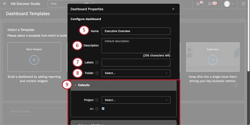 ダッシュボードのプロパティを設定する新しいウィンドウ。