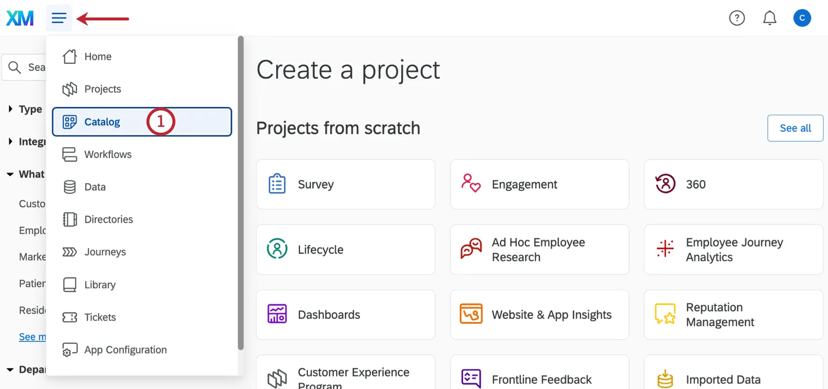 Imagen del icono de tres líneas de navegación global expandida junto al logotipo de xm para revelar la opción de catálogo