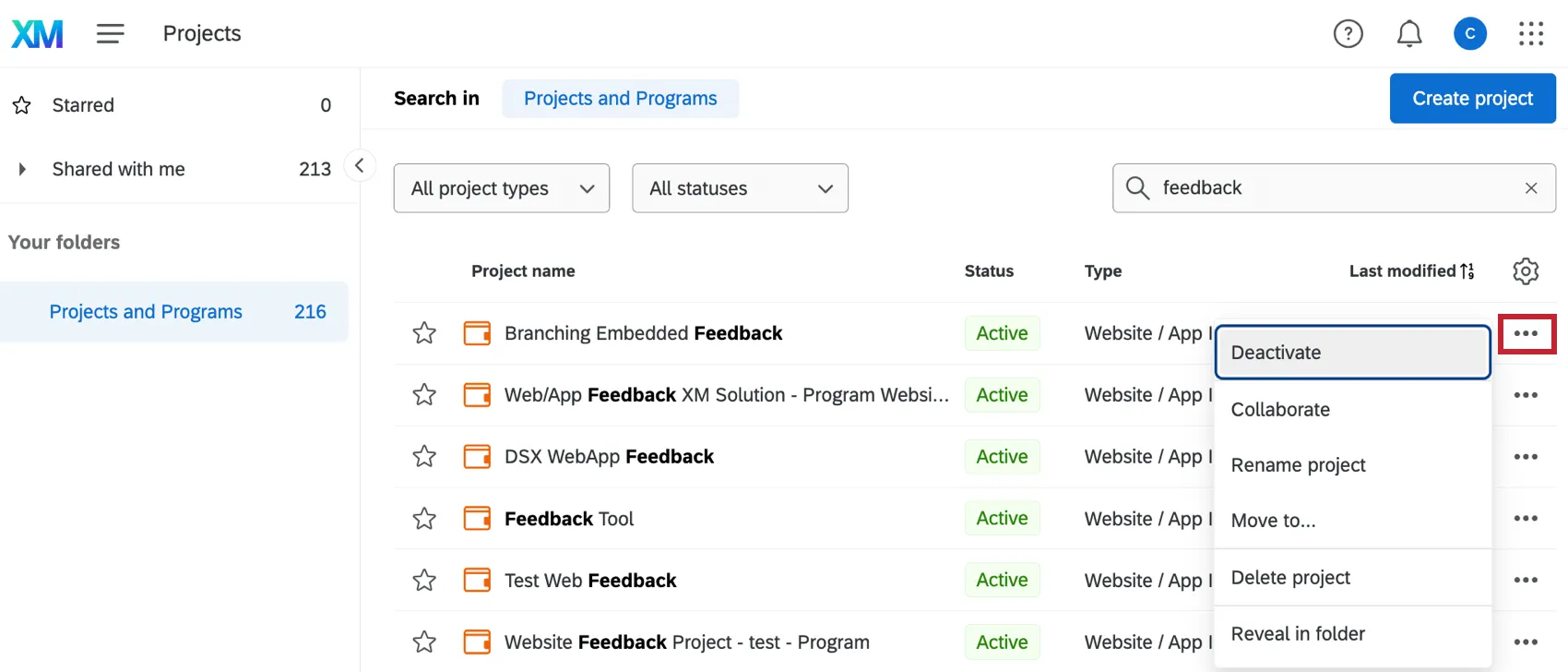 Menu a tendina avanti a un progetto Website / App Insights