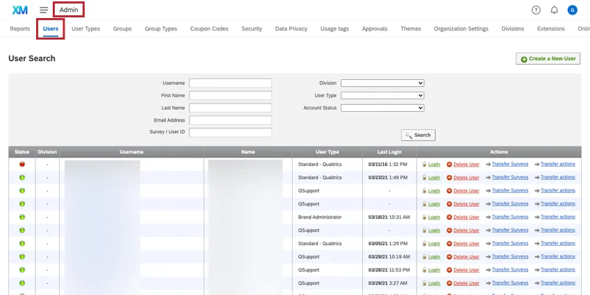 Admin topmost left selected, users second to the top left selected