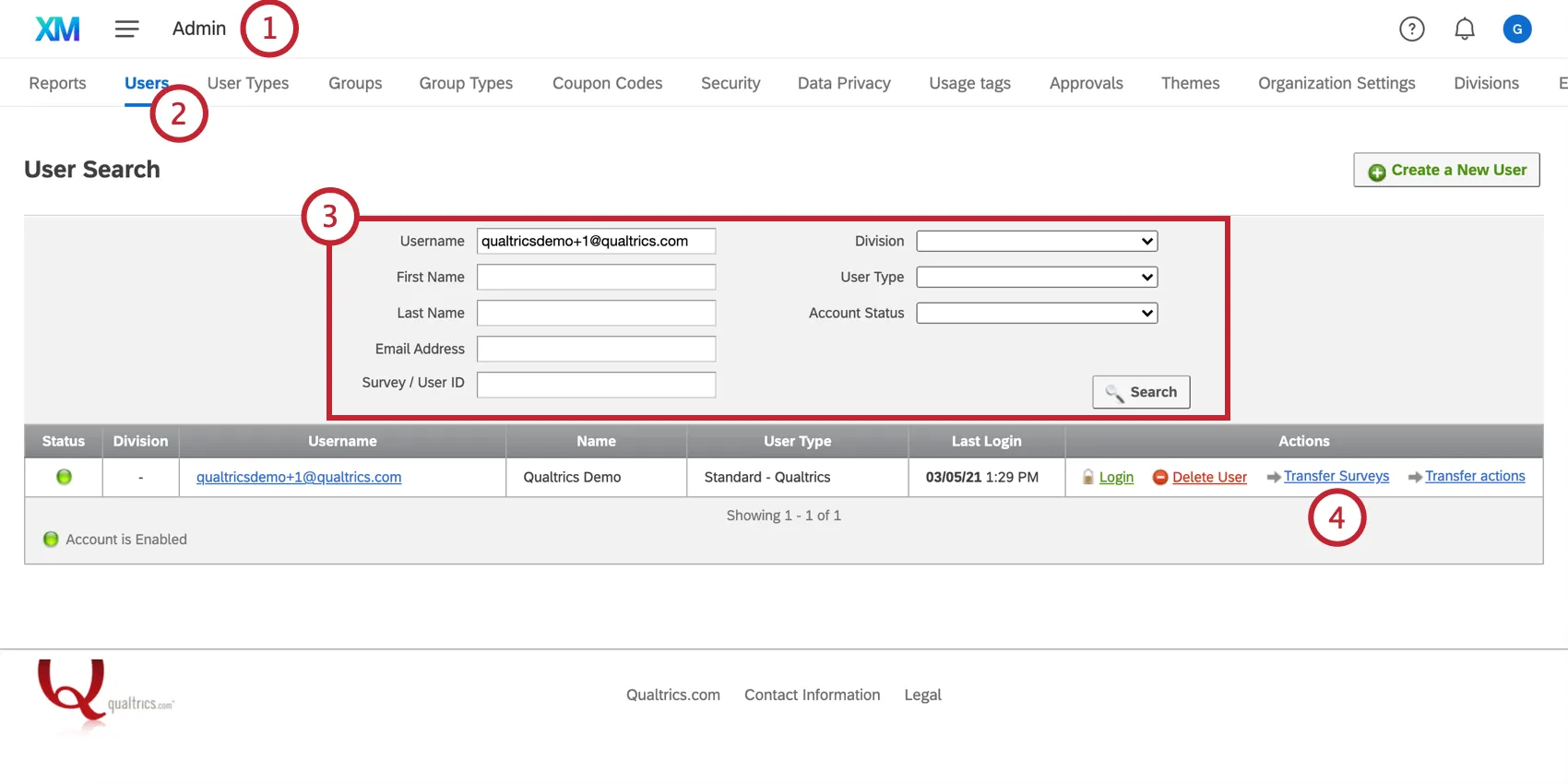 Transfer surveys option on the Users page