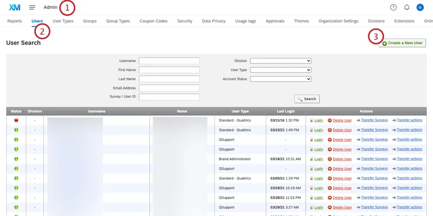 Create a new user in the Users tab