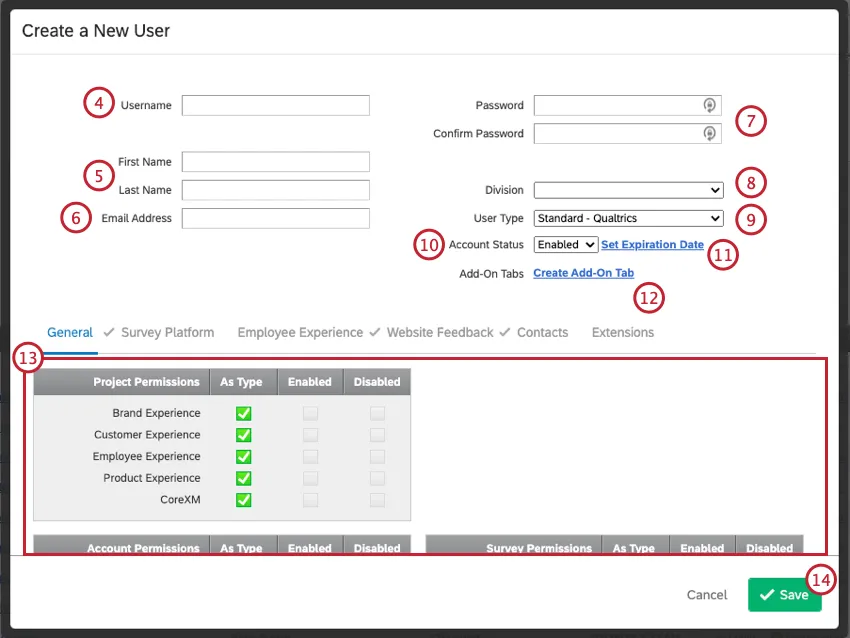 Campos numerados de acordo com as etapas