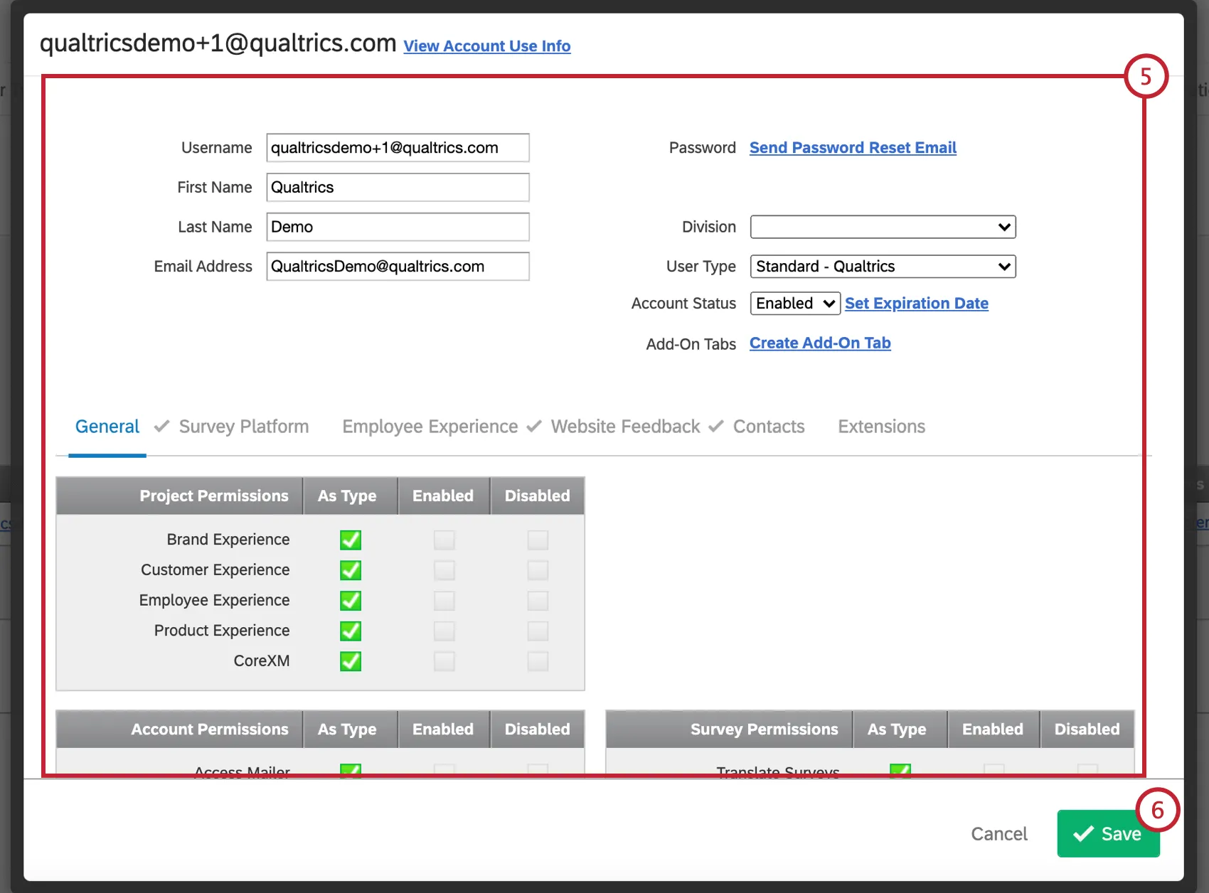 Window that opens with the user settings