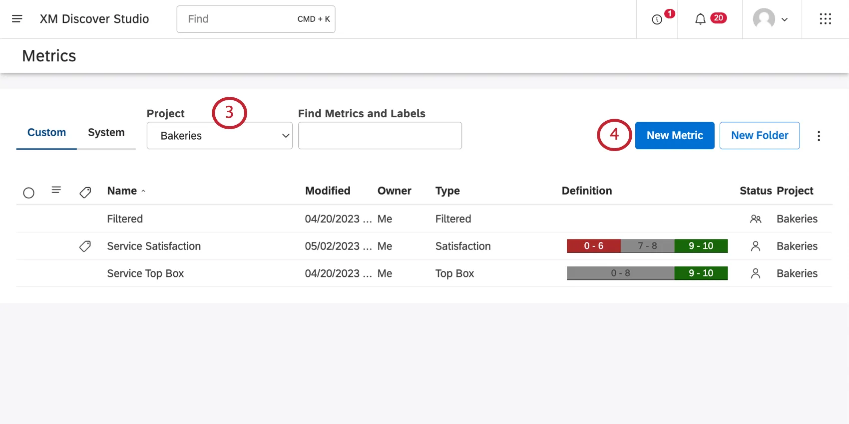 Project selected and new metric button highlighted