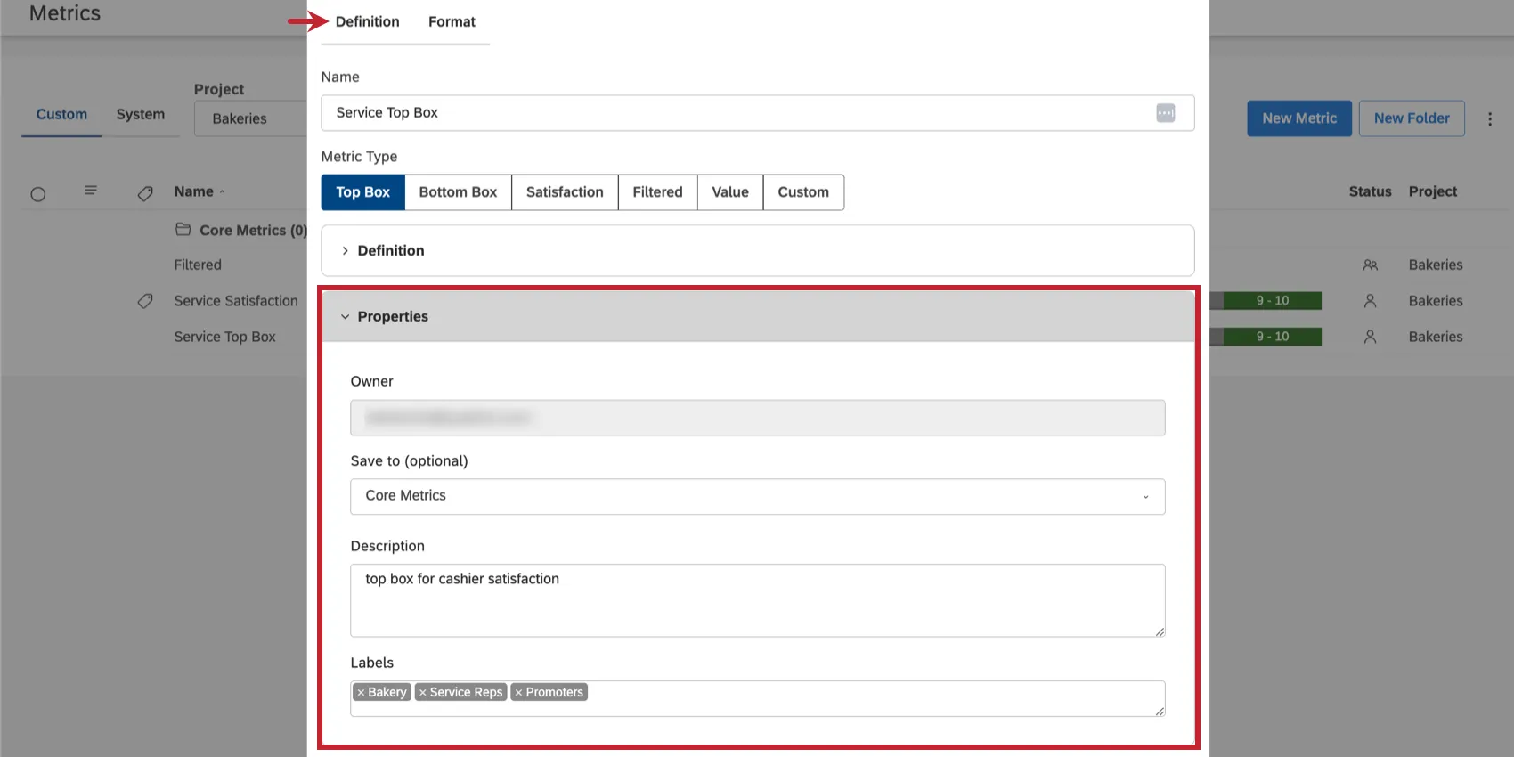 Definition tab, then he properties section