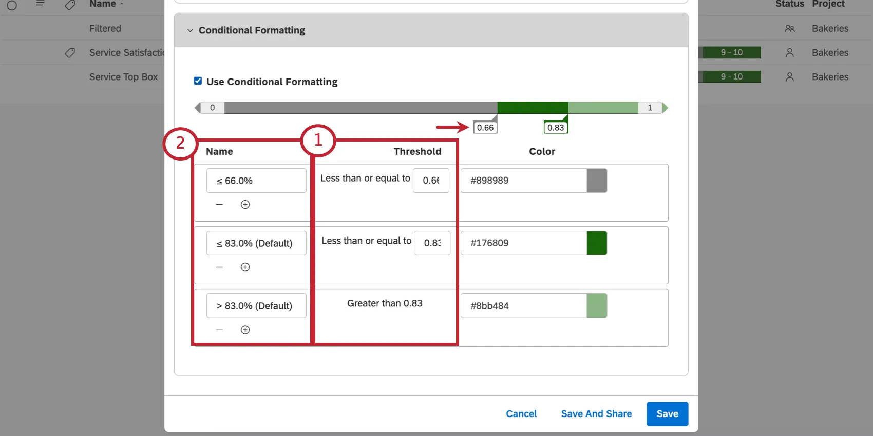 threshold and name columns of bands