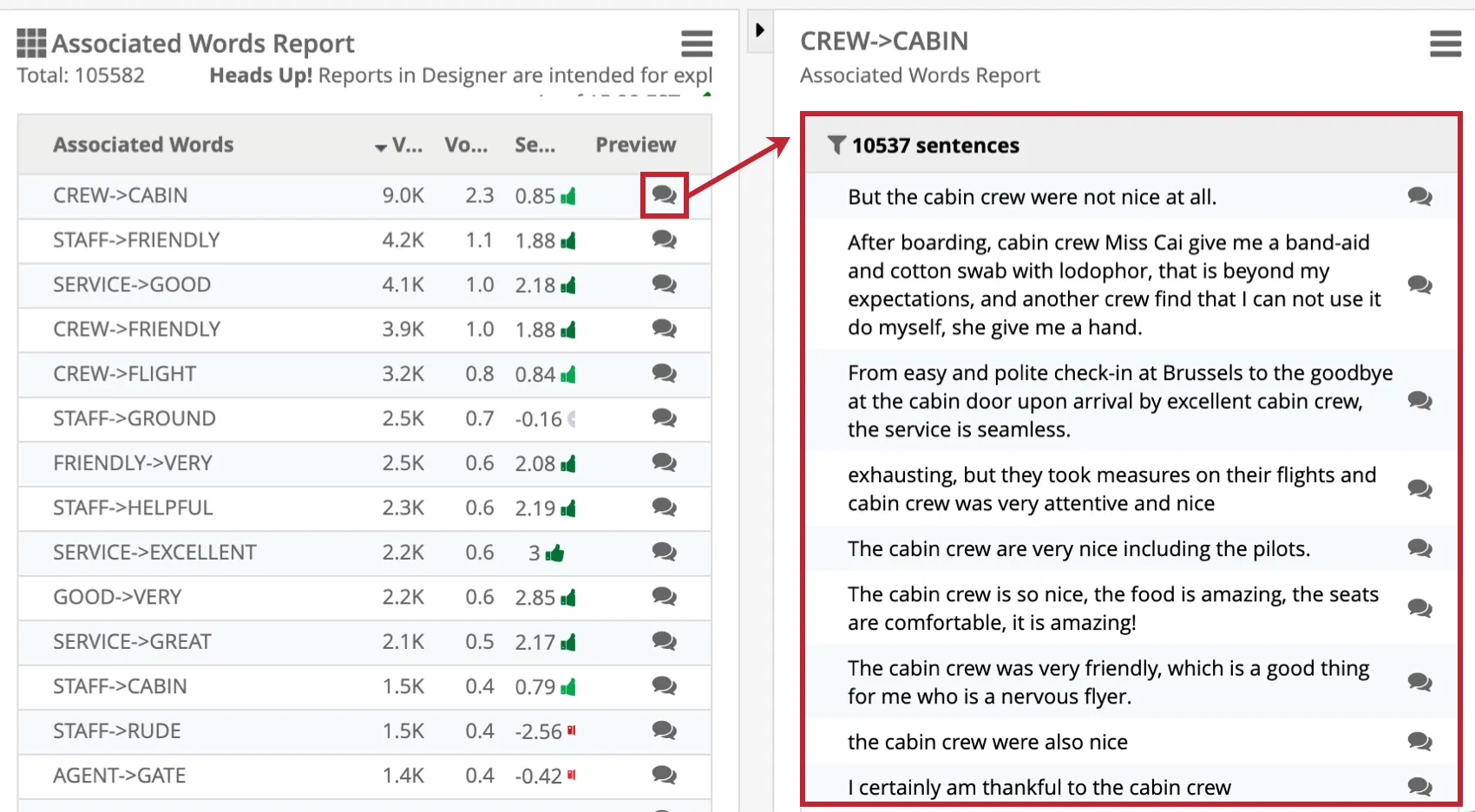 preview sentences tab within a report