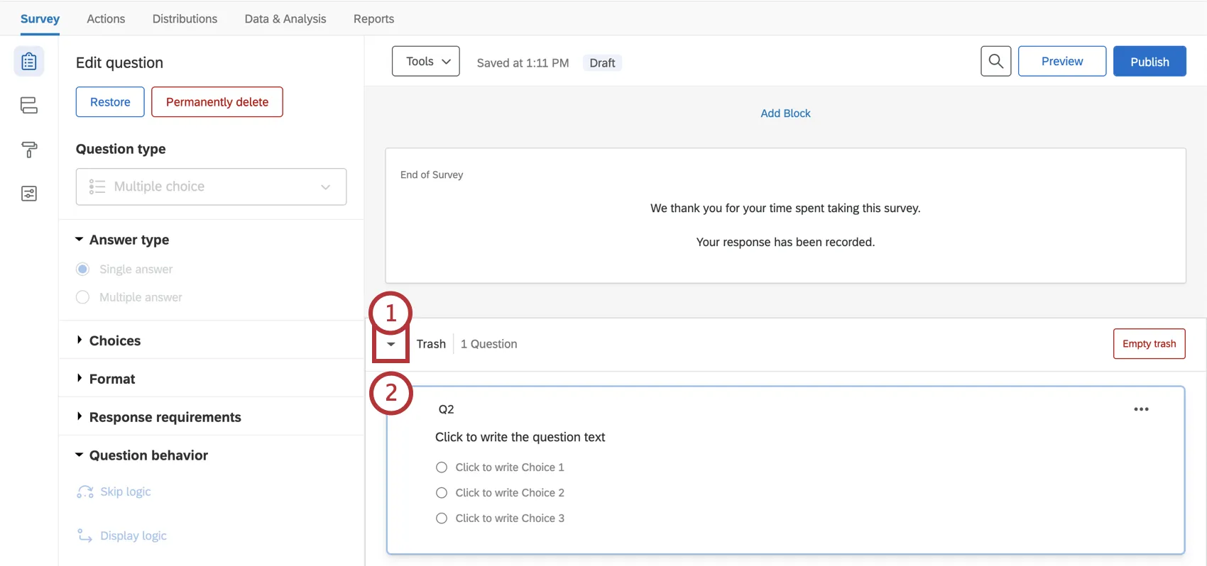 下向きの矢印、ごみ箱の左上