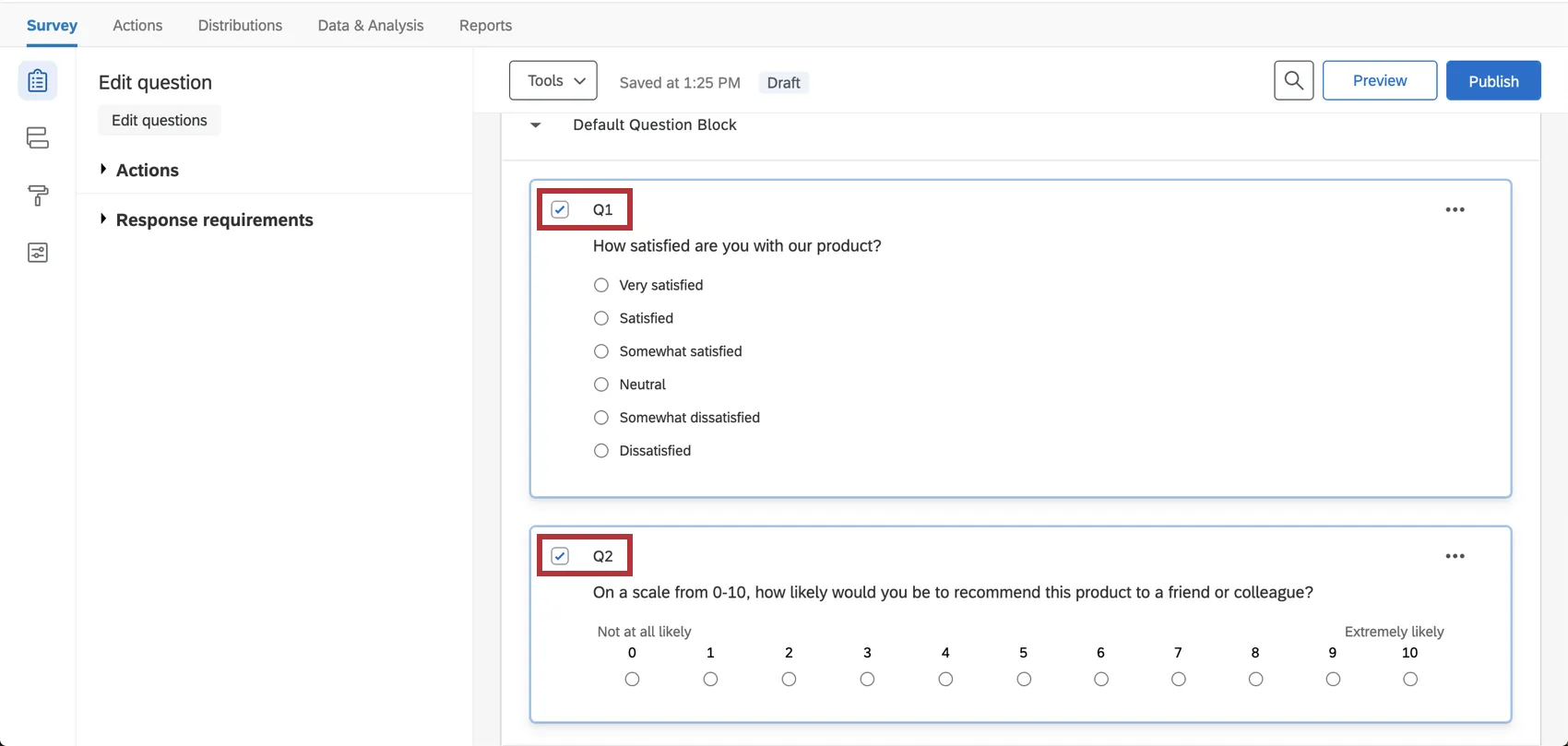 Checkboxes in upper-left of questions are selected