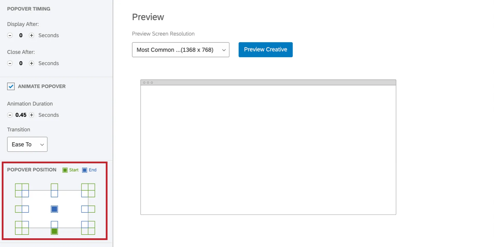 PopOver Position grid showing the movement of the Creative displayed in the preview