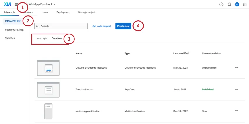 créer un nouveau bouton dans la liste des intercepts
