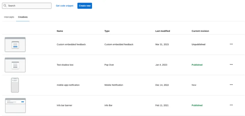 tabela de criativos com as informações listadas