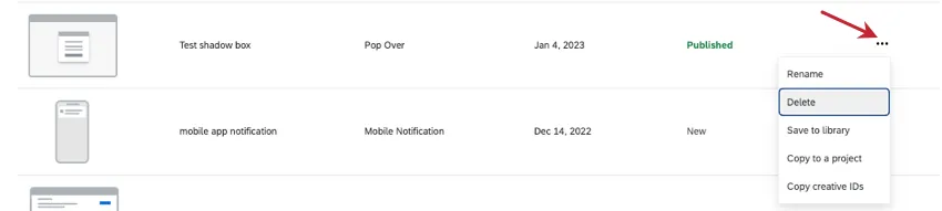 Creative options drop down at the far right of a creative, with the three dots clicked