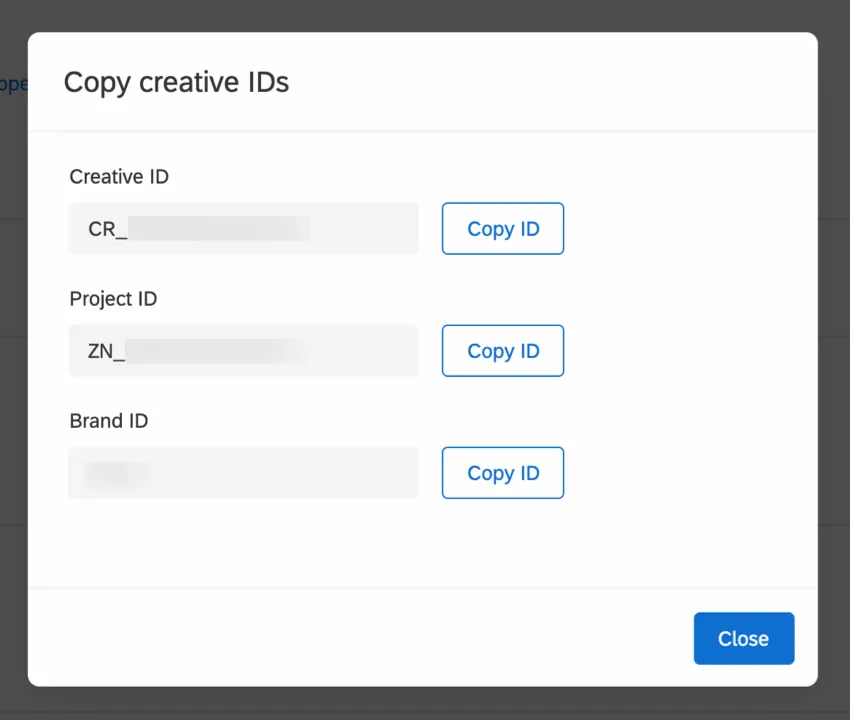 Copy Creative IDs window