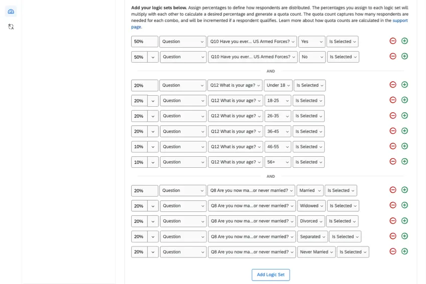 A massive list of quota conditions broken down by what percentage each choice should be of the overall quota
