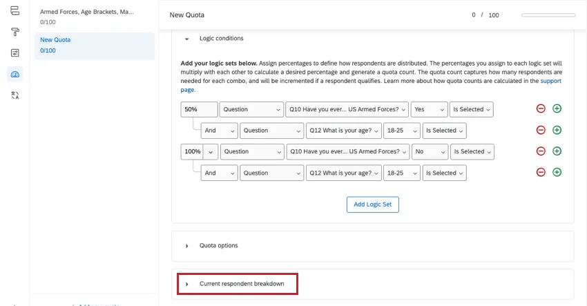 En la parte inferior de la cuota de lógica cruzada hay una tabla que desglosa el recuento de cada opción por porcentaje.