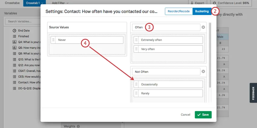 Bucketing window displays fields from left source values box being dragged into group boxes on the right