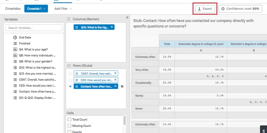 Export button on right before the confidence level one