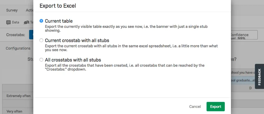 Janela de exportação