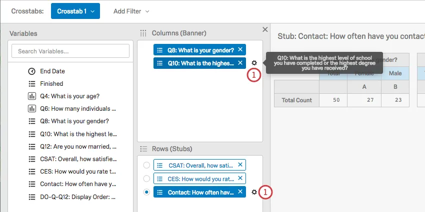 Gear appearing next to highlighted fields in columns and rows boxes
