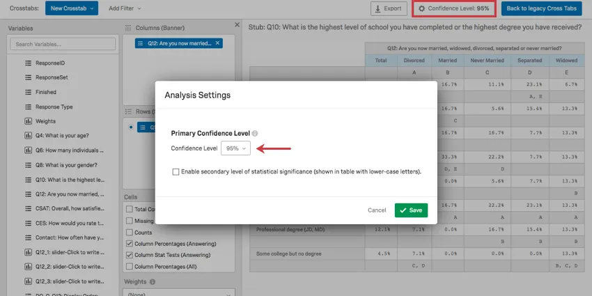 Após clicar no botão nível confiança no canto superior direito, uma nova janela é aberta na parte superior com um menu suspenso no qual um novo nível de confiança pode ser selecionado
