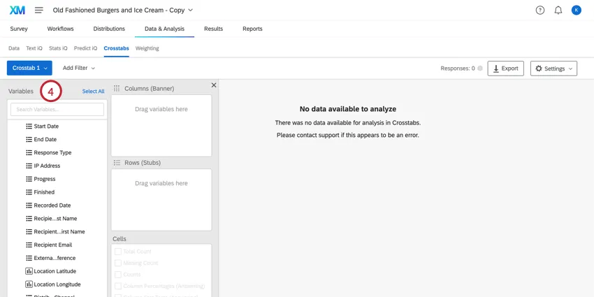 Variables section highlighted on the far left side of the crosstabs screen