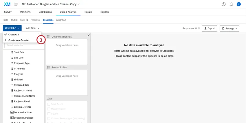 Crea nuova tabella a campi incrociati è evidenziato testo nel menu a discesa Tabella a campi incrociati allestrema sinistra
