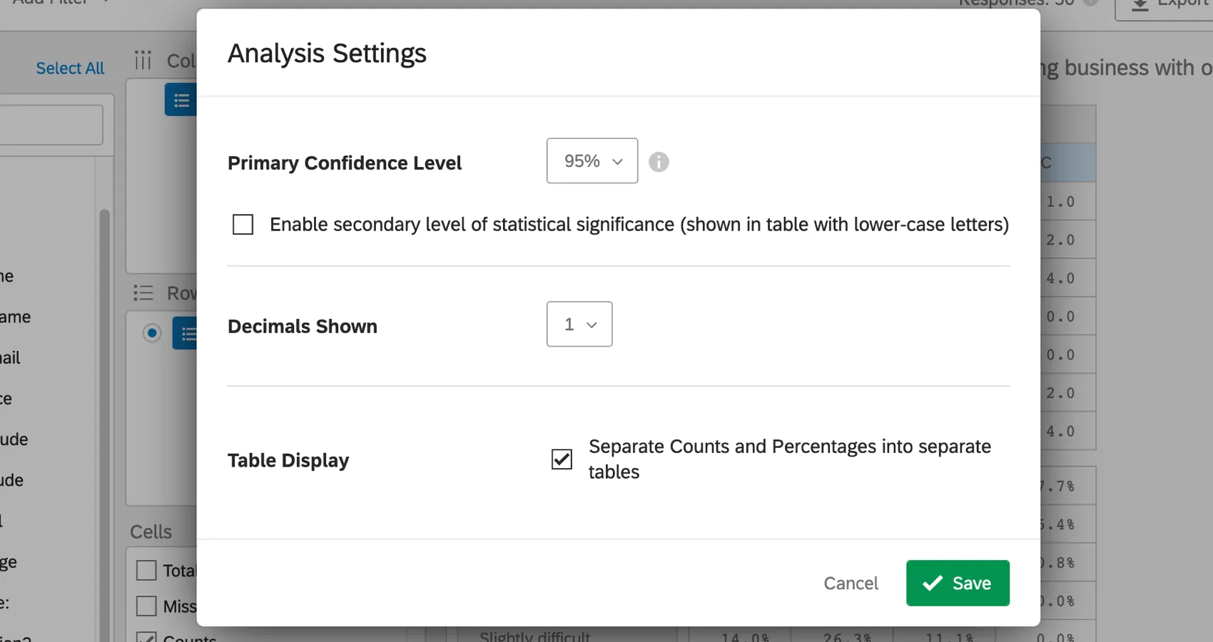 Screenshot of analysis settings menu with options described