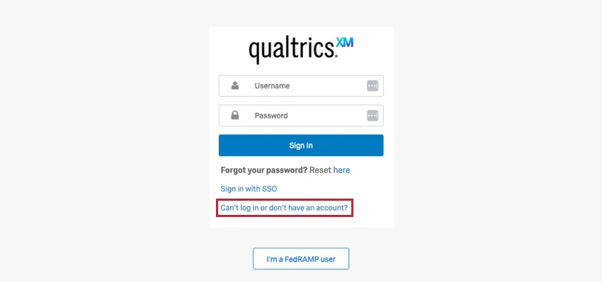 a tela de login do portal de suporte com a opção Não consegue fazer login ou não tem uma conta? destacada