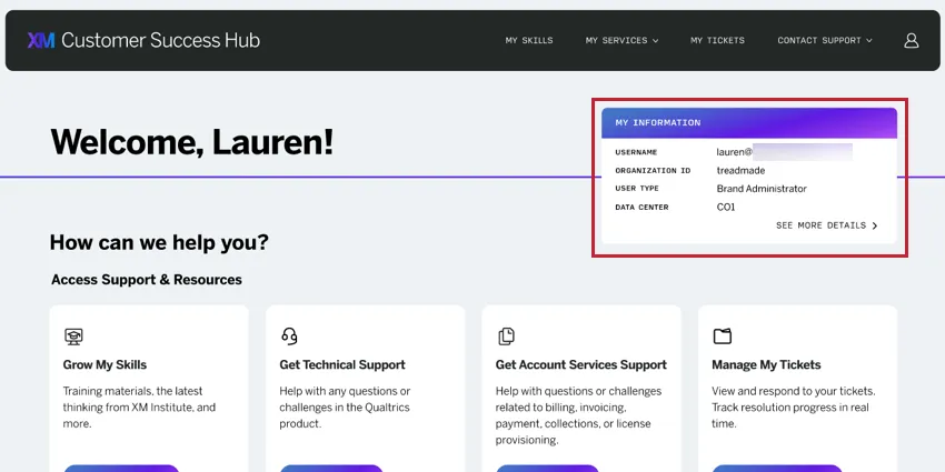la finestra Le mie informazioni si trova nellangolo in alto a destra dellhub