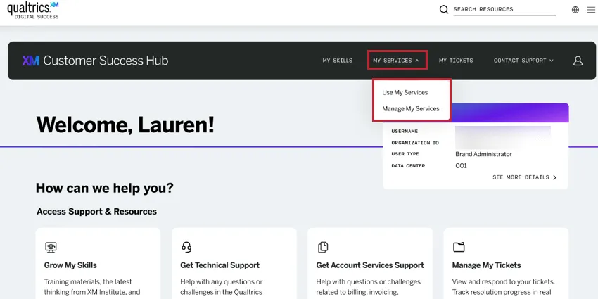 clicar no menu suspenso meus serviços no hub de sucesso do cliente